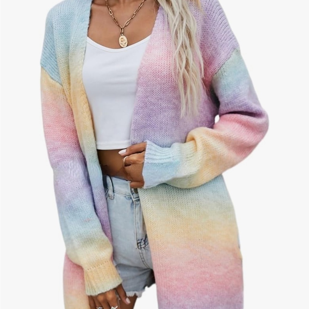 Pink Purple Ombré Pastel Chunky Knit Long Cardigan with pockets Size Small